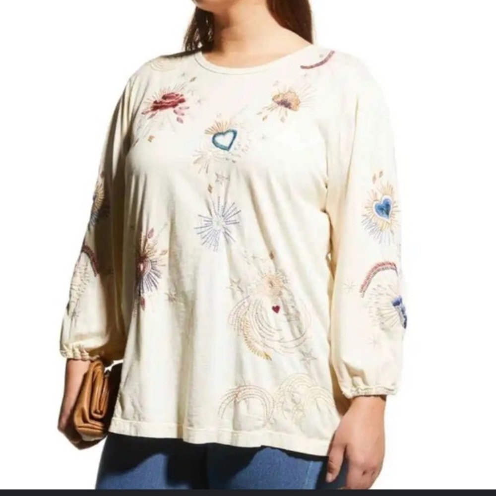 Johnny Was Victoria Puff Sleeve Tee T-shirt Embroidered Size XS